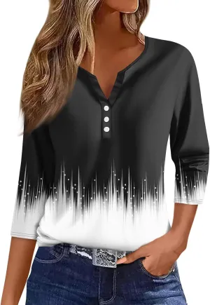 3/4 Sleeve T Shirts for Women Printed Button Down Shirts V Neck Relaxed Fit Tshirt Fashion Casual Loose Blouses