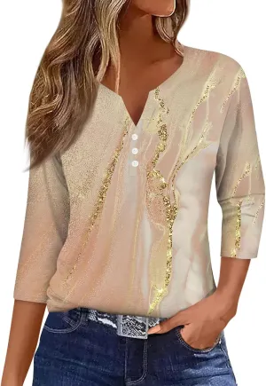 3/4 Sleeve T Shirts for Women Printed Button Down Shirts V Neck Relaxed Fit Tshirt Fashion Casual Loose Blouses
