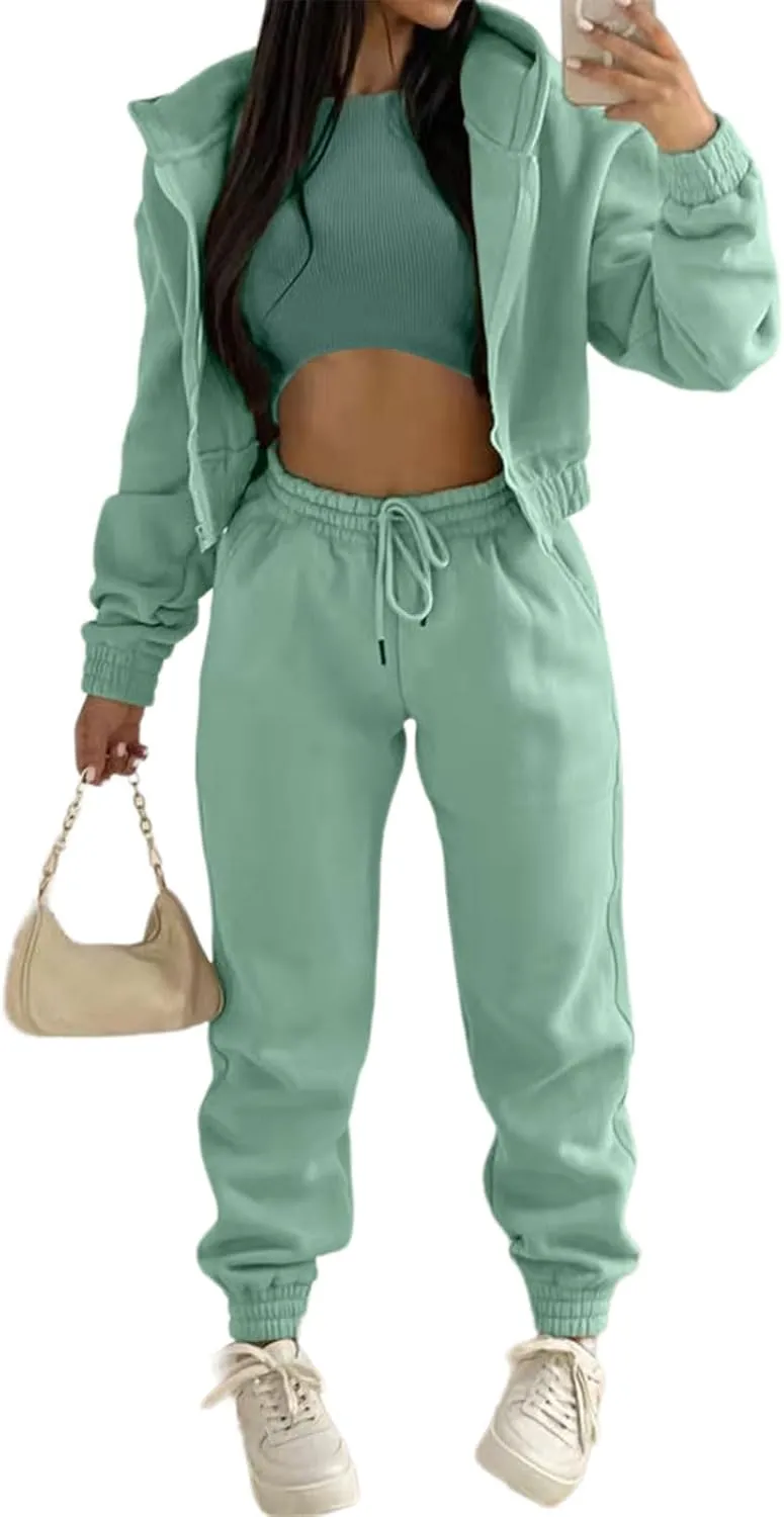 Akmipoem Sweatsuits for Women Set 3 Piece Outfits Zip Up Hoodie Sweatshirt Crop Tank Top Jogger Sweatpants Tracksuit