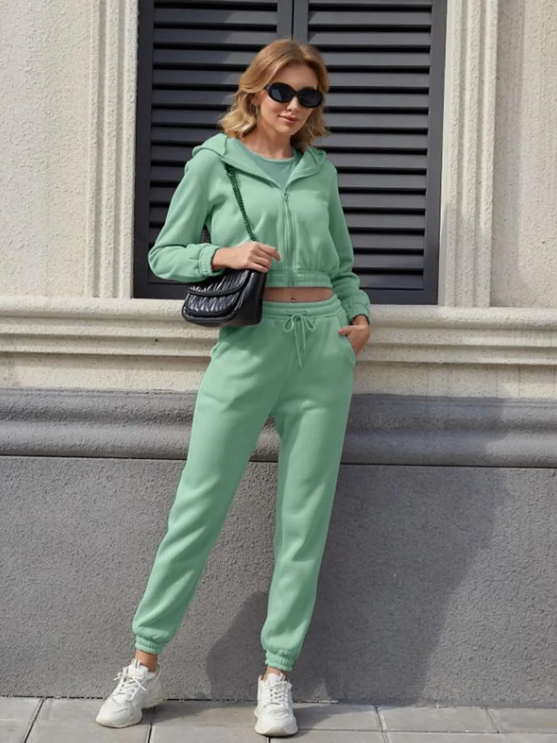 Akmipoem Sweatsuits for Women Set 3 Piece Outfits Zip Up Hoodie Sweatshirt Crop Tank Top Jogger Sweatpants Tracksuit