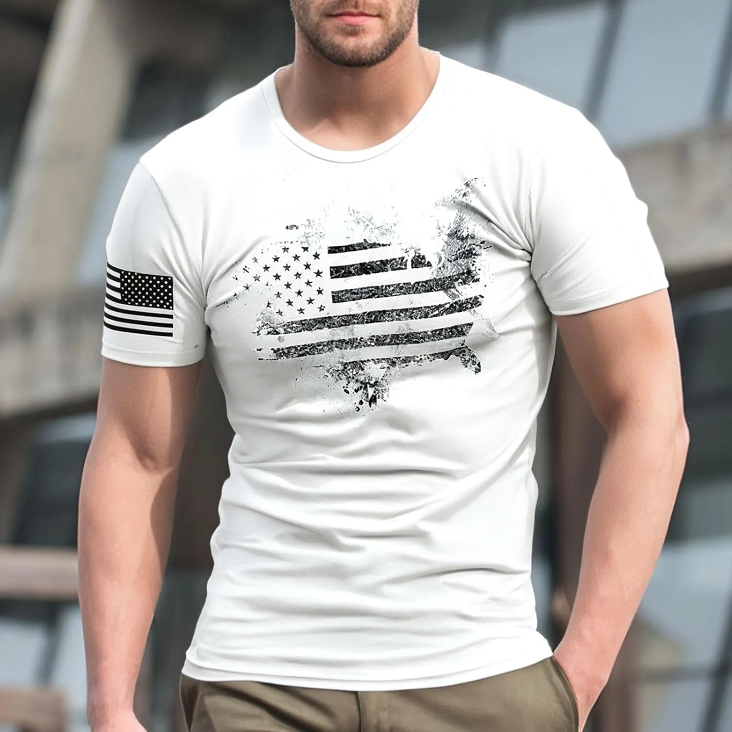 American Flag T-Shirts for Men Retro USA Star Print Sweat Shirts Stretch Slim Muscle Shirt Gym Bodybuilding Tee Tops
