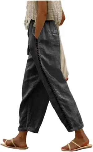 Banana Bucket Women's Summer Casual Linen Pants Elastic Waist Relaxed Fit Pant Straight Leg Crop Pants