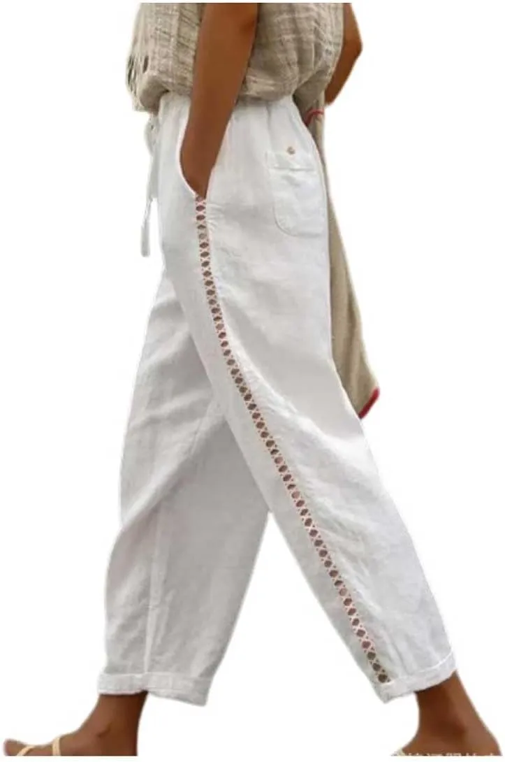Banana Bucket Women's Summer Casual Linen Pants Elastic Waist Relaxed Fit Pant Straight Leg Crop Pants