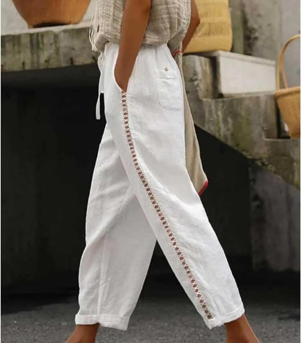 Banana Bucket Women's Summer Casual Linen Pants Elastic Waist Relaxed Fit Pant Straight Leg Crop Pants