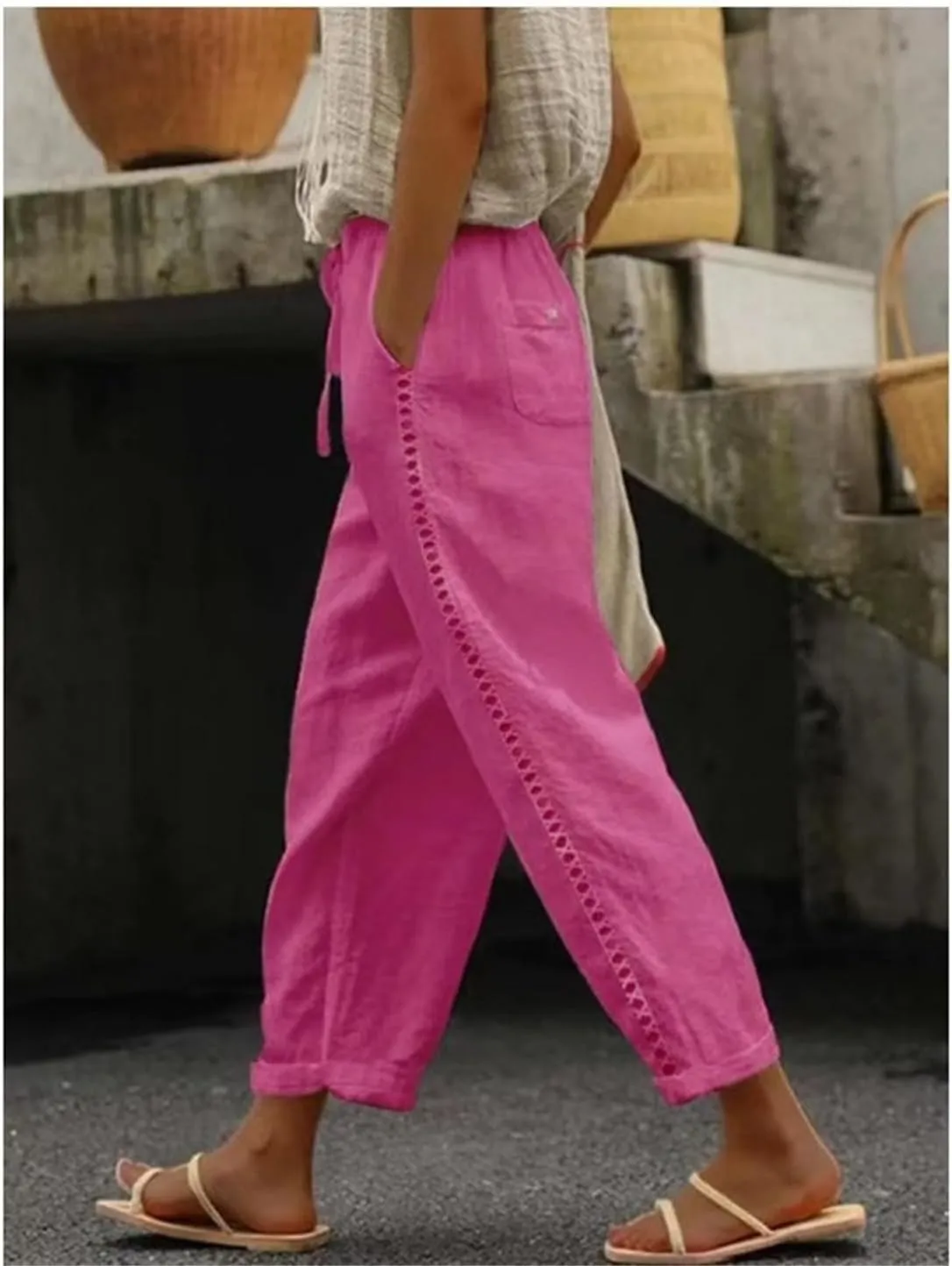 Banana Bucket Women's Summer Casual Linen Pants Elastic Waist Relaxed Fit Pant Straight Leg Crop Pants
