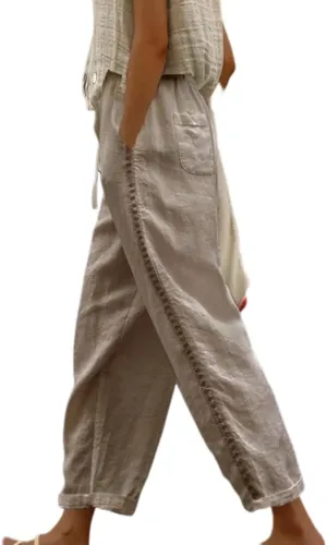 Banana Bucket Women's Summer Casual Linen Pants Elastic Waist Relaxed Fit Pant Straight Leg Crop Pants