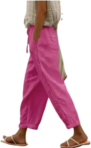 Banana Bucket Women's Summer Casual Linen Pants Elastic Waist Relaxed Fit Pant Straight Leg Crop Pants