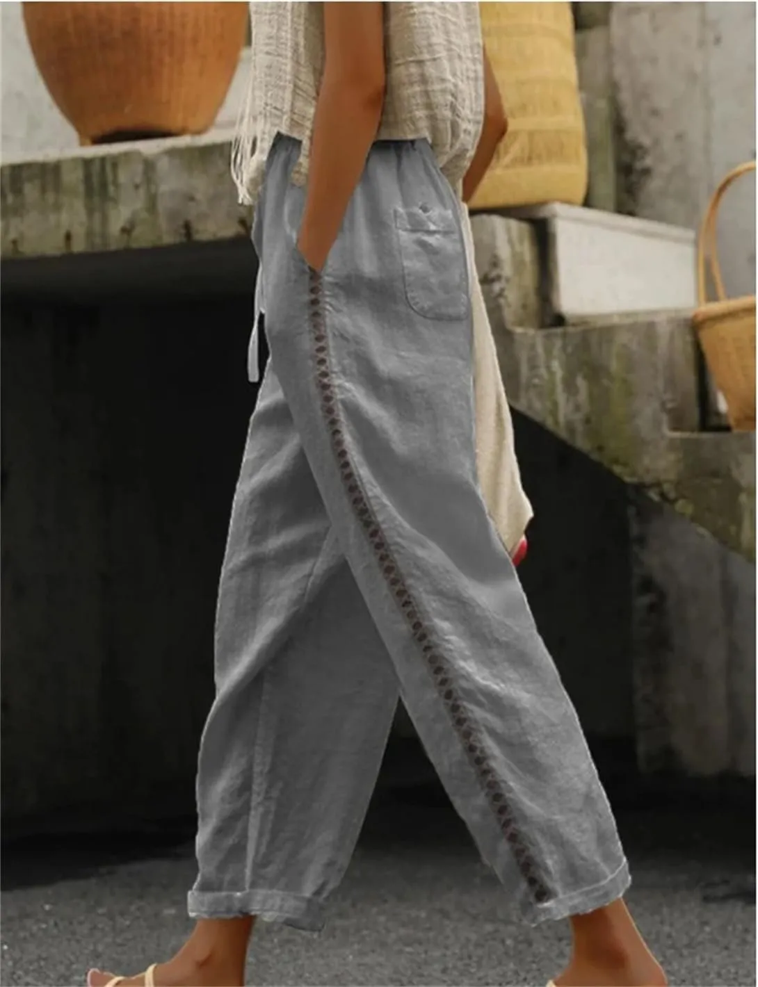 Banana Bucket Women's Summer Casual Linen Pants Elastic Waist Relaxed Fit Pant Straight Leg Crop Pants
