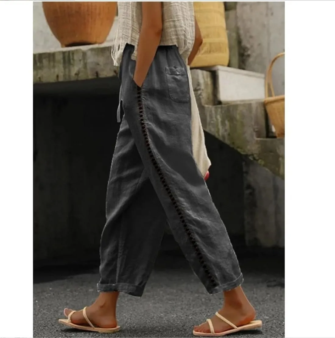 Banana Bucket Women's Summer Casual Linen Pants Elastic Waist Relaxed Fit Pant Straight Leg Crop Pants