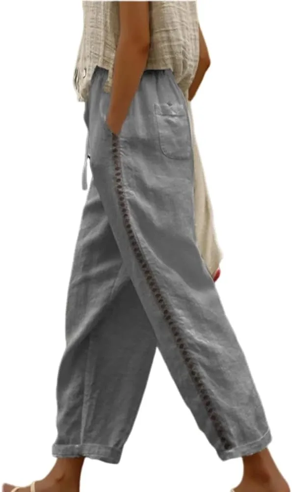 Banana Bucket Women's Summer Casual Linen Pants Elastic Waist Relaxed Fit Pant Straight Leg Crop Pants