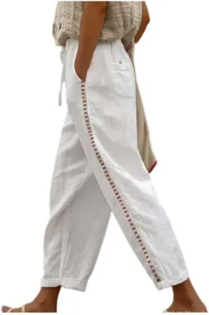 Banana Bucket Women's Summer Casual Linen Pants Elastic Waist Relaxed Fit Pant Straight Leg Crop Pants