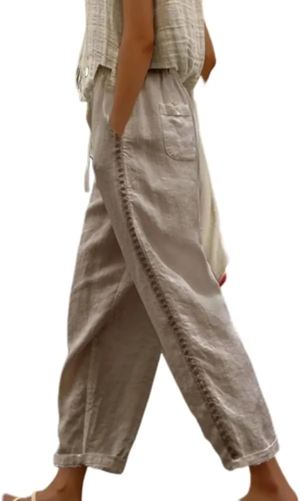 Banana Bucket Women's Summer Casual Linen Pants Elastic Waist Relaxed Fit Pant Straight Leg Crop Pants