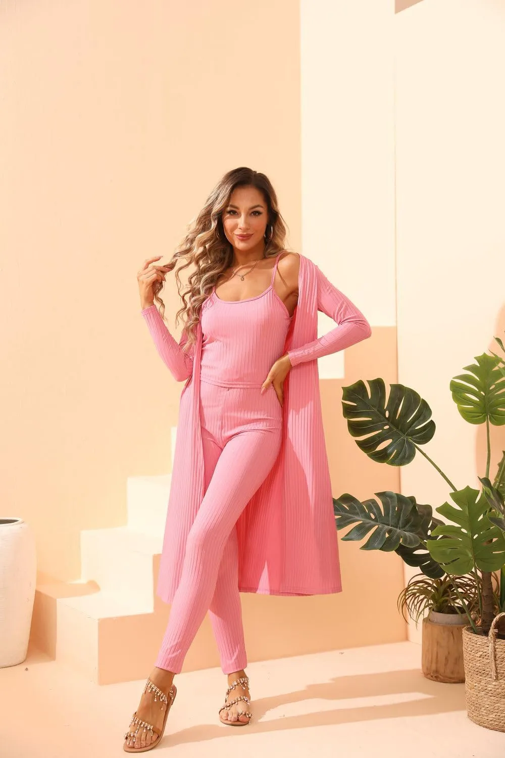 BDAILKA Women's 3 Piece Lounge Set Casual Ribbed Long Sleeve Cardigan Halter Top Drawstring Pants Lounge Sets