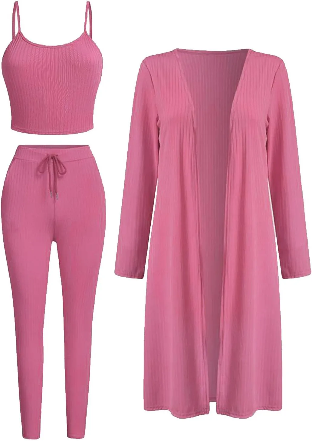 BDAILKA Women's 3 Piece Lounge Set Casual Ribbed Long Sleeve Cardigan Halter Top Drawstring Pants Lounge Sets