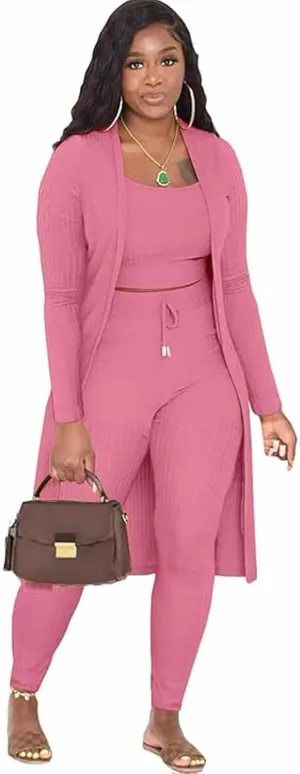 BDAILKA Women's 3 Piece Lounge Set Casual Ribbed Long Sleeve Cardigan Halter Top Drawstring Pants Lounge Sets