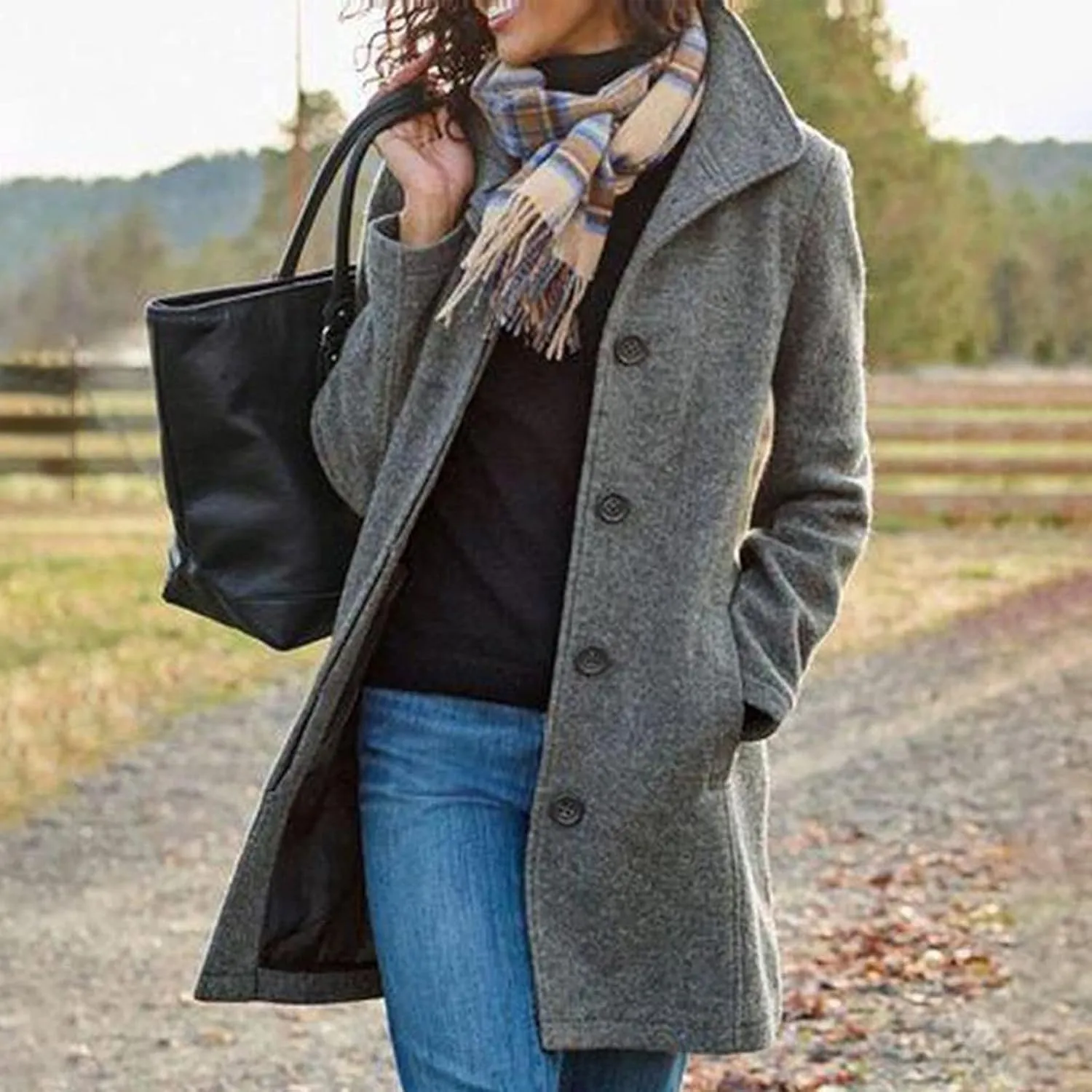 BOXIACEY Pea Coats for Women Winter Wool Blend Pea Coat Single Breasted Stand Collar Trench Coat Mid Long Wool Coat