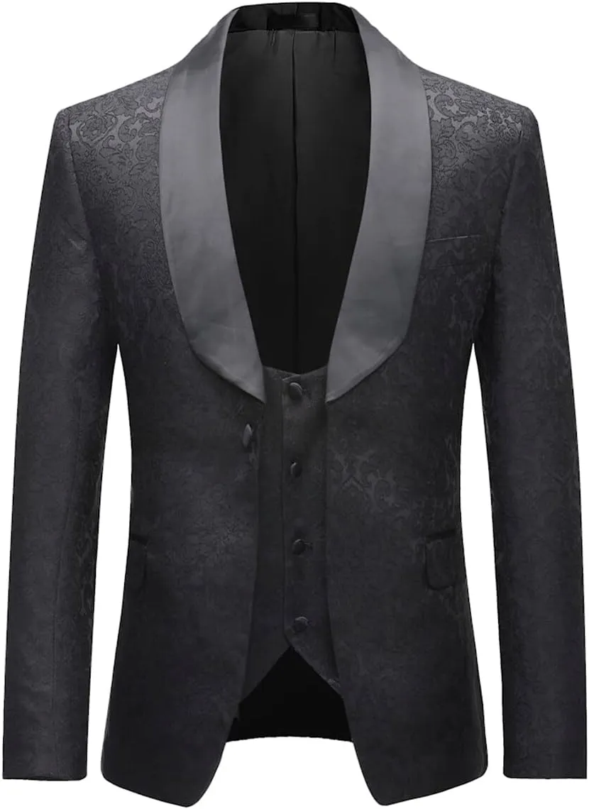 Boyland Mens 3 Piece Tuxedos One Button Wide Shawl Lapel Formal Suits Black Tie