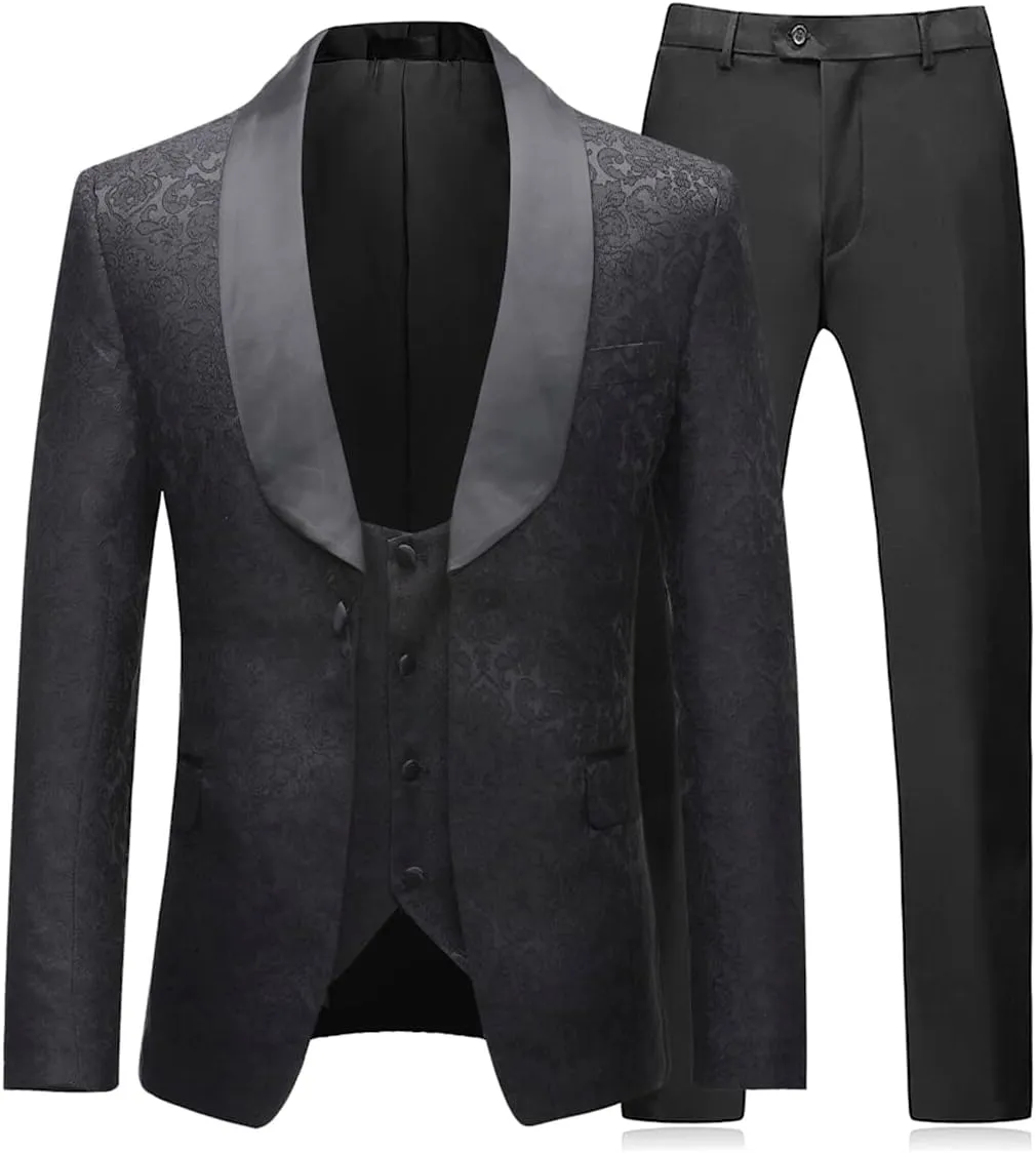 Boyland Mens 3 Piece Tuxedos One Button Wide Shawl Lapel Formal Suits Black Tie