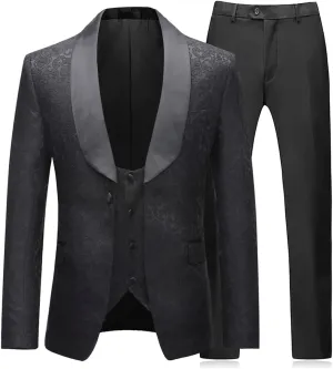 Boyland Mens 3 Piece Tuxedos One Button Wide Shawl Lapel Formal Suits Black Tie