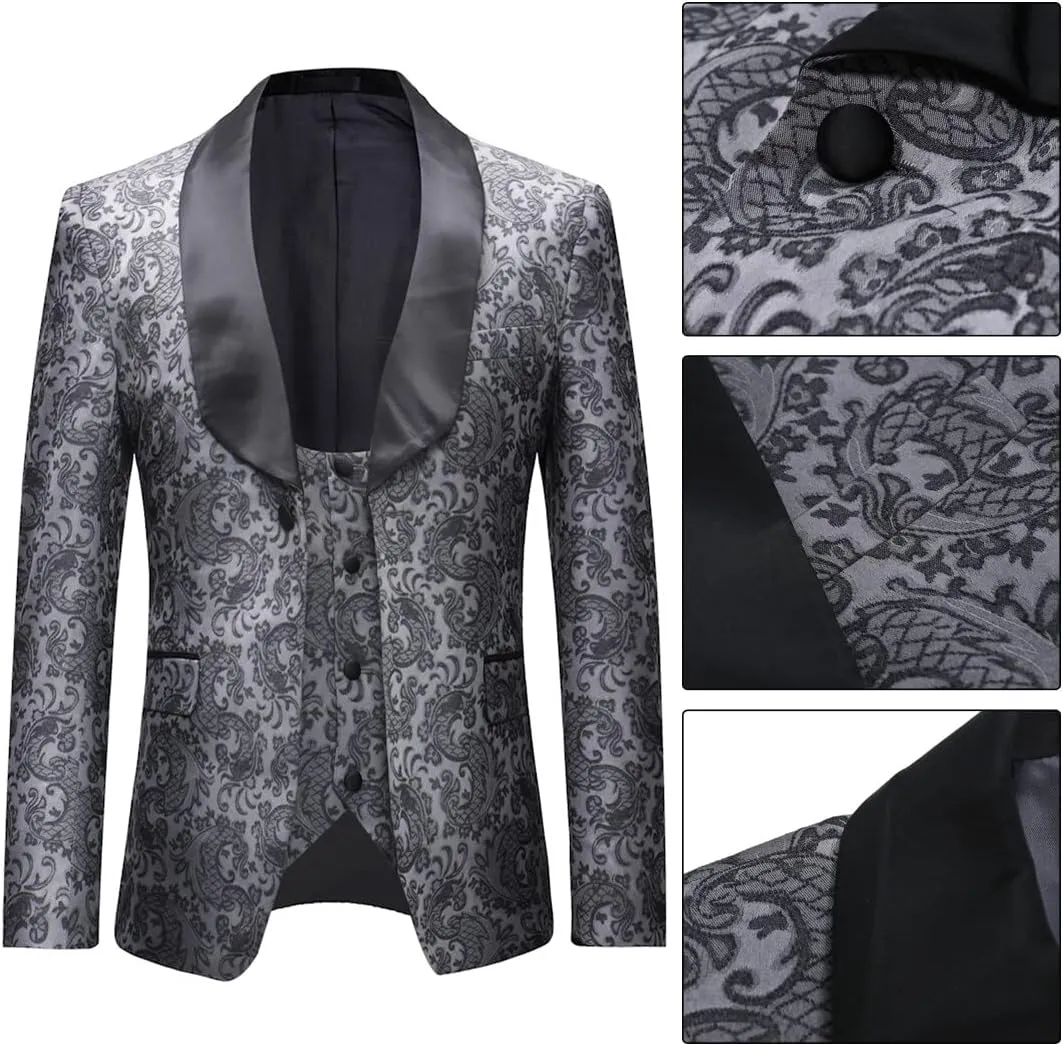 Boyland Mens 3 Piece Tuxedos One Button Wide Shawl Lapel Formal Suits Black Tie