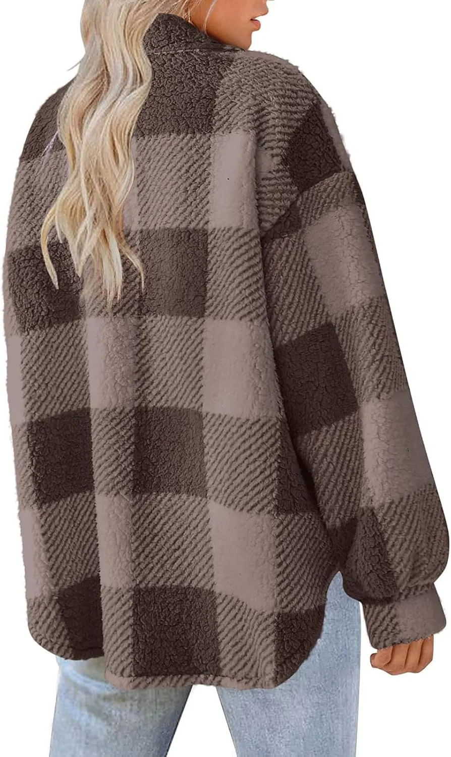 Buffalo Plaid Jacket for Women Flannel Sherpa Button Down Shacket Casual Fuzzy Fleece Long Sleeve Shirt with Pocket