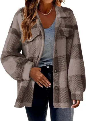 Buffalo Plaid Jacket for Women Flannel Sherpa Button Down Shacket Casual Fuzzy Fleece Long Sleeve Shirt with Pocket