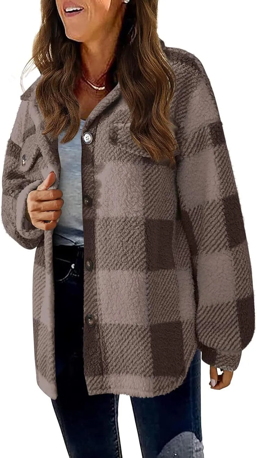 Buffalo Plaid Jacket for Women Flannel Sherpa Button Down Shacket Casual Fuzzy Fleece Long Sleeve Shirt with Pocket