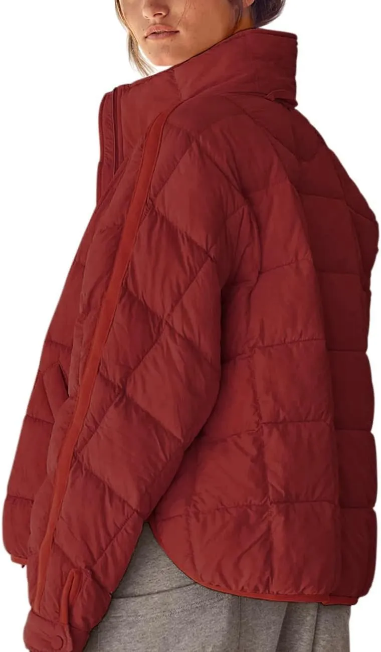 Canbebig Womens Quilted Puffer Jackets Oversized Lightweight Zipper Down Coats Long Sleeve Packable Jackets with Pockets