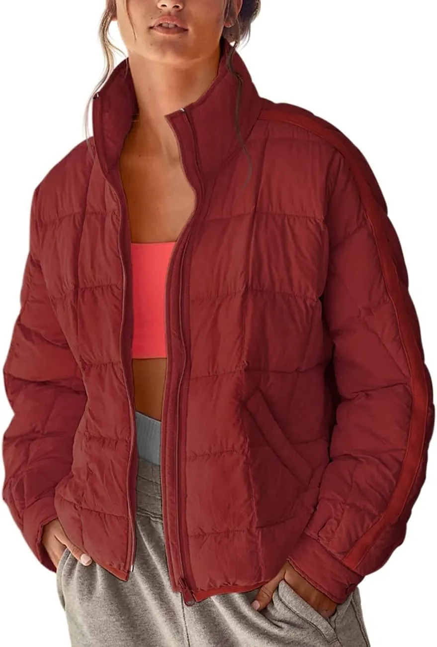 Canbebig Womens Quilted Puffer Jackets Oversized Lightweight Zipper Down Coats Long Sleeve Packable Jackets with Pockets