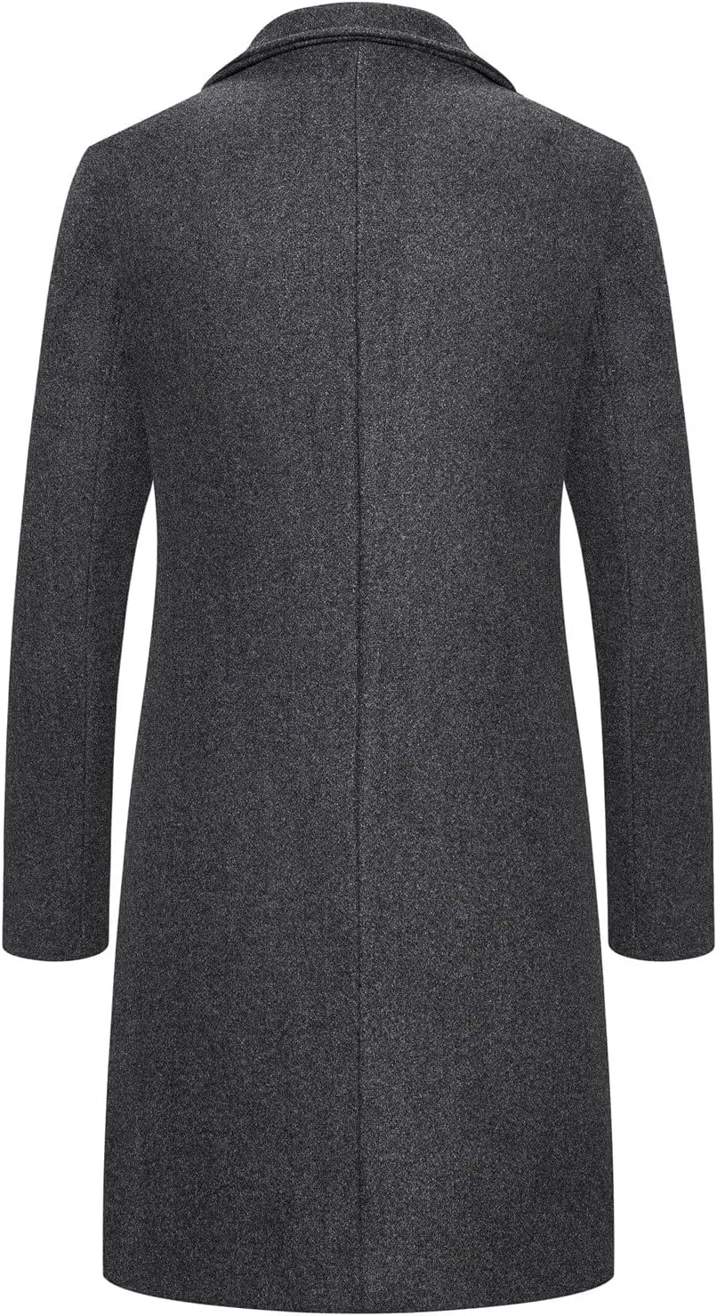 Casual Pea Coat for Men Notched Lapel Trench Coat Single Breasted Solid Overcoat Big and Tall Long Jacket Classic Coat