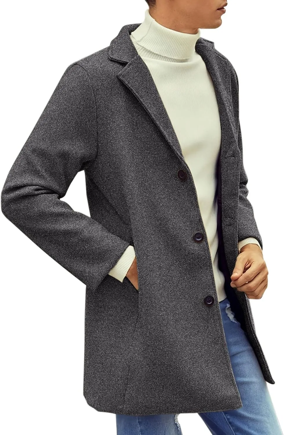 Casual Pea Coat for Men Notched Lapel Trench Coat Single Breasted Solid Overcoat Big and Tall Long Jacket Classic Coat