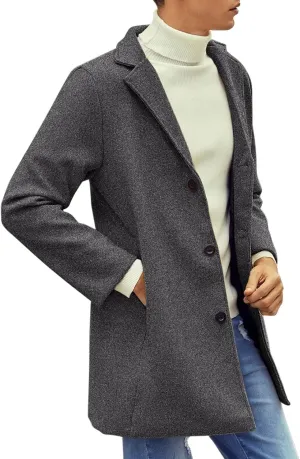 Casual Pea Coat for Men Notched Lapel Trench Coat Single Breasted Solid Overcoat Big and Tall Long Jacket Classic Coat