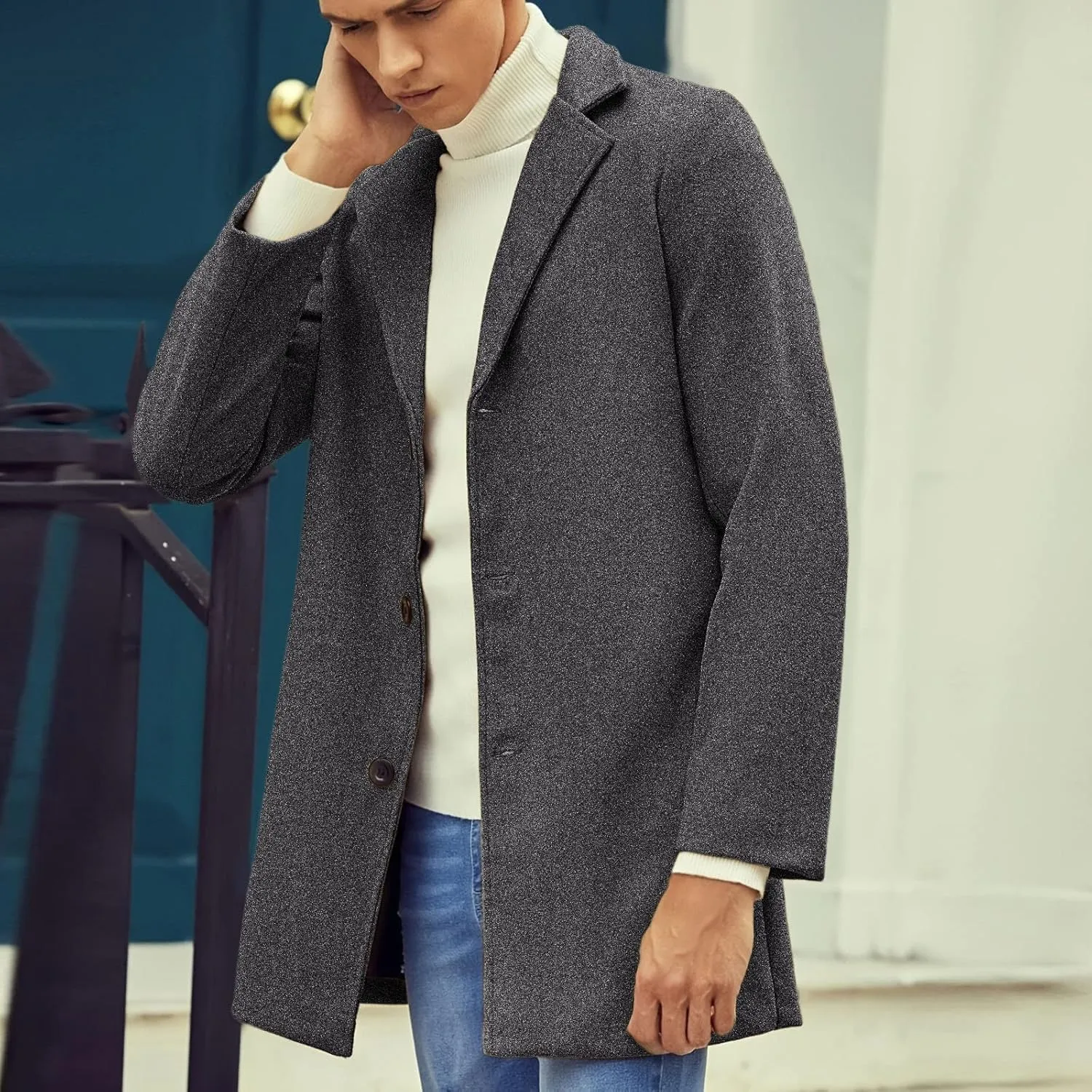 Casual Pea Coat for Men Notched Lapel Trench Coat Single Breasted Solid Overcoat Big and Tall Long Jacket Classic Coat