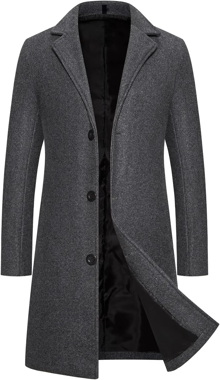 Casual Pea Coat for Men Notched Lapel Trench Coat Single Breasted Solid Overcoat Big and Tall Long Jacket Classic Coat