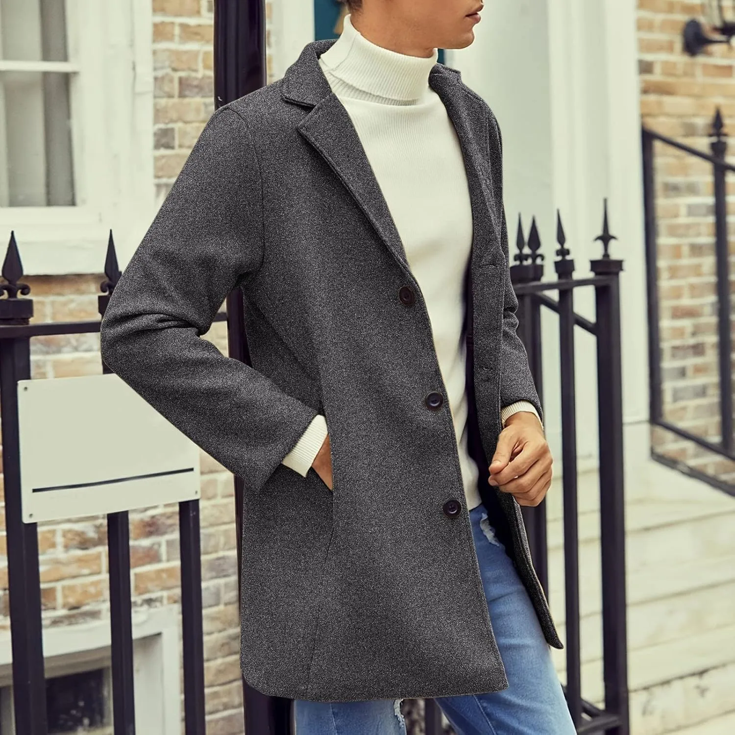 Casual Pea Coat for Men Notched Lapel Trench Coat Single Breasted Solid Overcoat Big and Tall Long Jacket Classic Coat