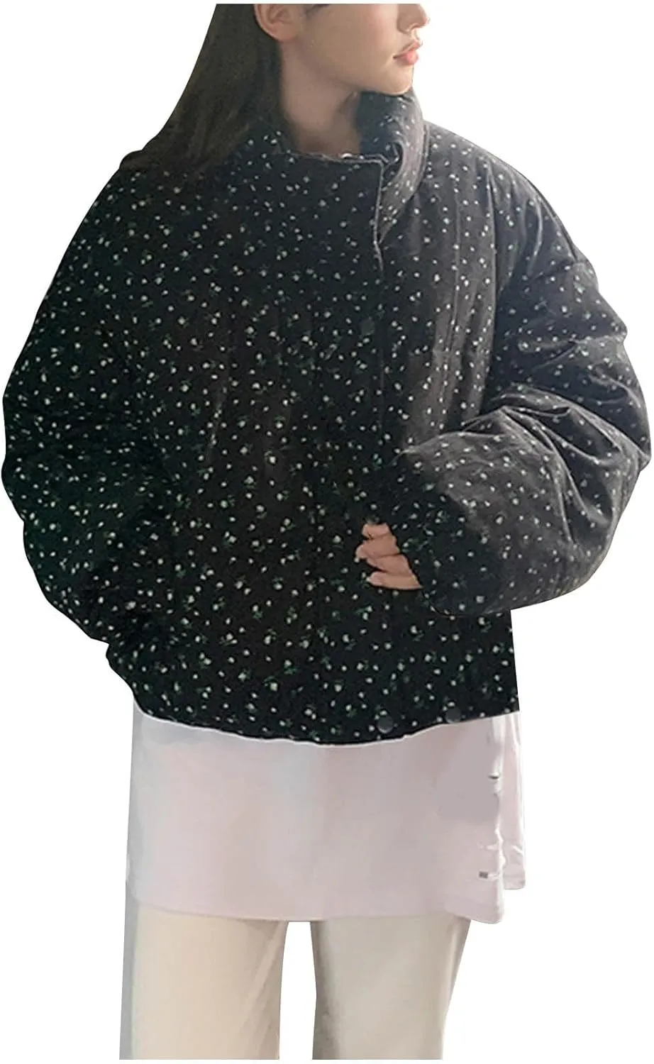 Cold Weather Down Jacket For Womens Cropped Stand Collar Puffer Coats Winter Floral Print Zip Up Puffer Outfits