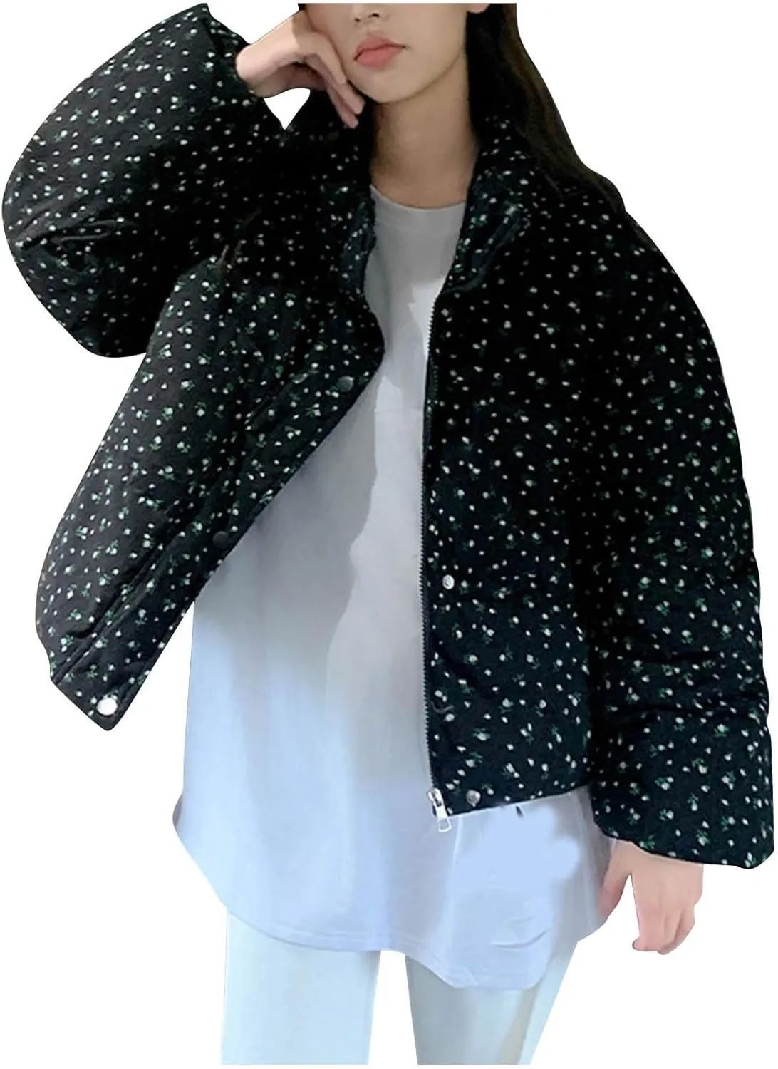 Cold Weather Down Jacket For Womens Cropped Stand Collar Puffer Coats Winter Floral Print Zip Up Puffer Outfits