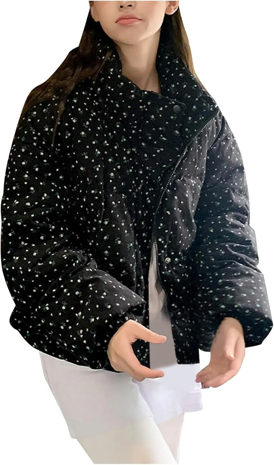 Cold Weather Down Jacket For Womens Cropped Stand Collar Puffer Coats Winter Floral Print Zip Up Puffer Outfits