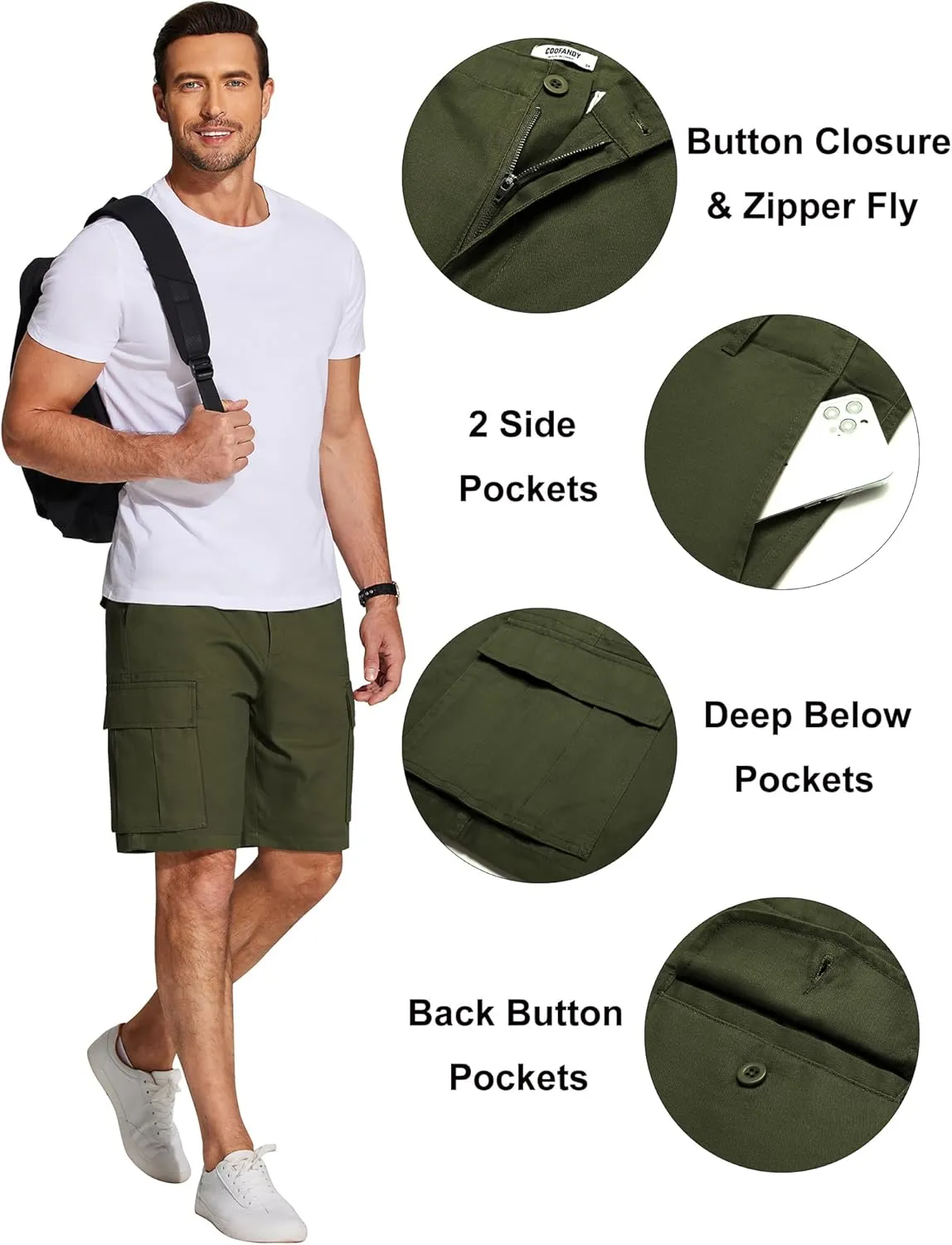 COOFANDY Men's Cargo Shorts Relaxed Fit Cotton Casual Shorts Stretch Outdoor Hiking Work Short with Multi Pockets