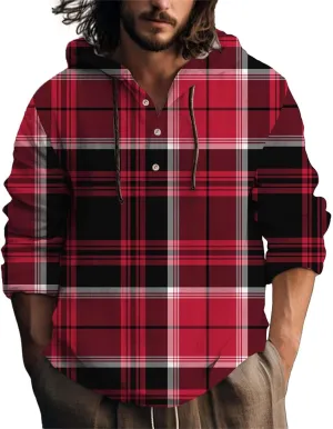 Cotton Linen Hoodie for Men Men's Casual Fashion Hooded Spring and Autumn Long Sleeve 3D Plaid Long Men's