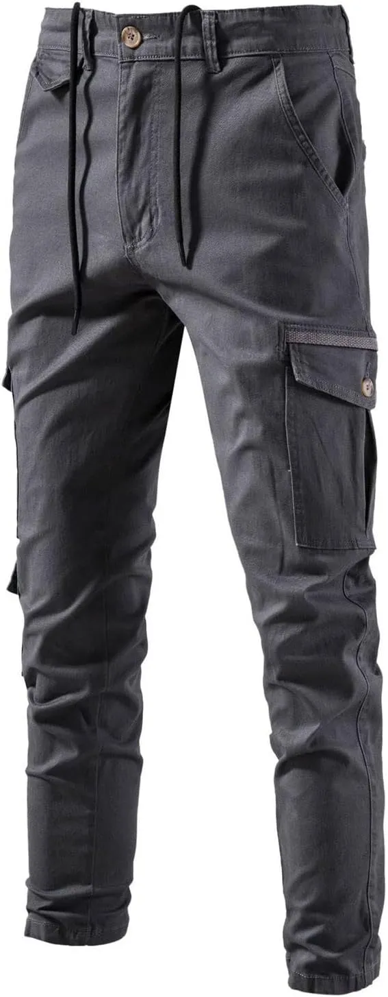 Cotton Linen Pants Men 2023 Fashion Buckle Zipper Solid Stretch Cargo Pants Classic Skinny-Fit Straight Trousers