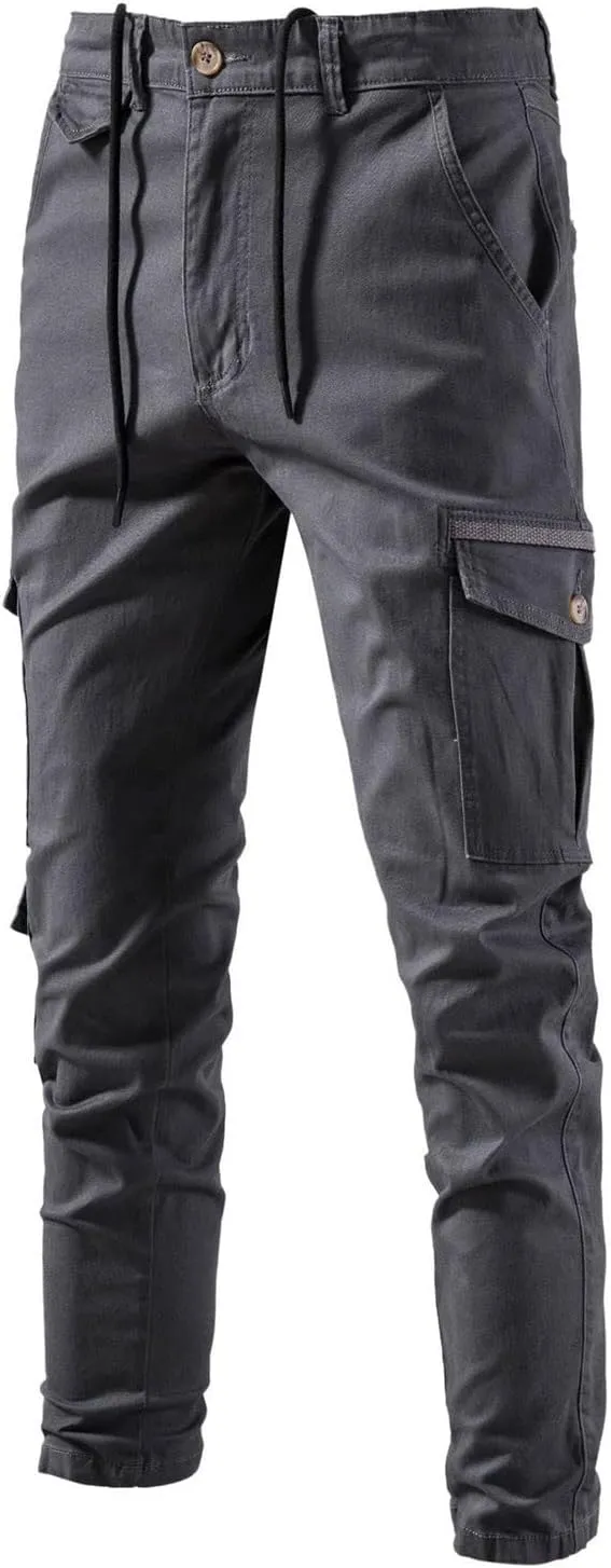 Cotton Linen Pants Men 2023 Fashion Buckle Zipper Solid Stretch Cargo Pants Classic Skinny-Fit Straight Trousers