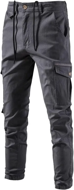 Cotton Linen Pants Men 2023 Fashion Buckle Zipper Solid Stretch Cargo Pants Classic Skinny-Fit Straight Trousers