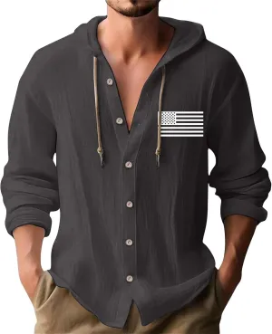 Cotton Linen Shirts for Men Stylish American Flag Print Hoodies Button Down Long Sleeve Lace Up Sweatshirts with Hood