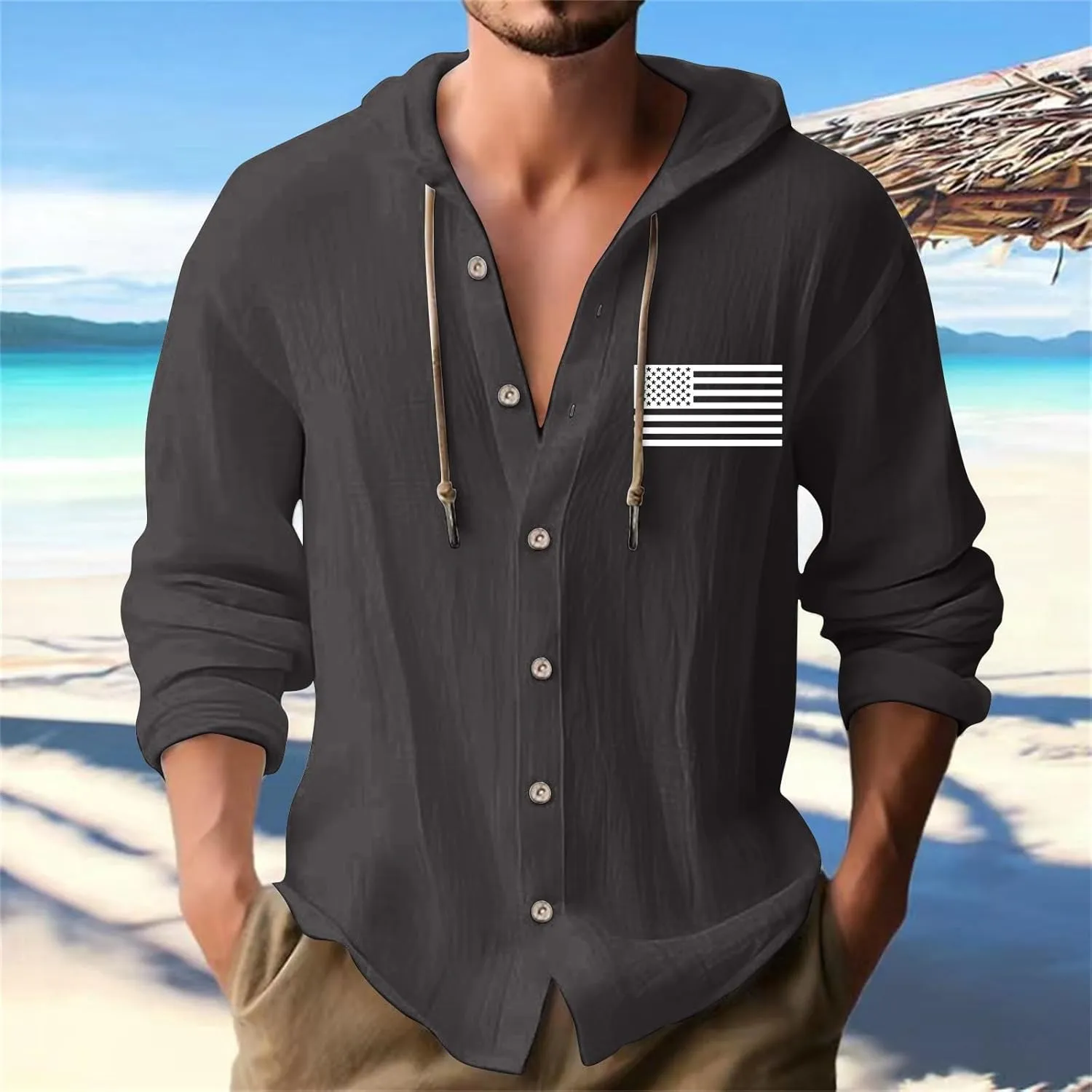 Cotton Linen Shirts for Men Stylish American Flag Print Hoodies Button Down Long Sleeve Lace Up Sweatshirts with Hood