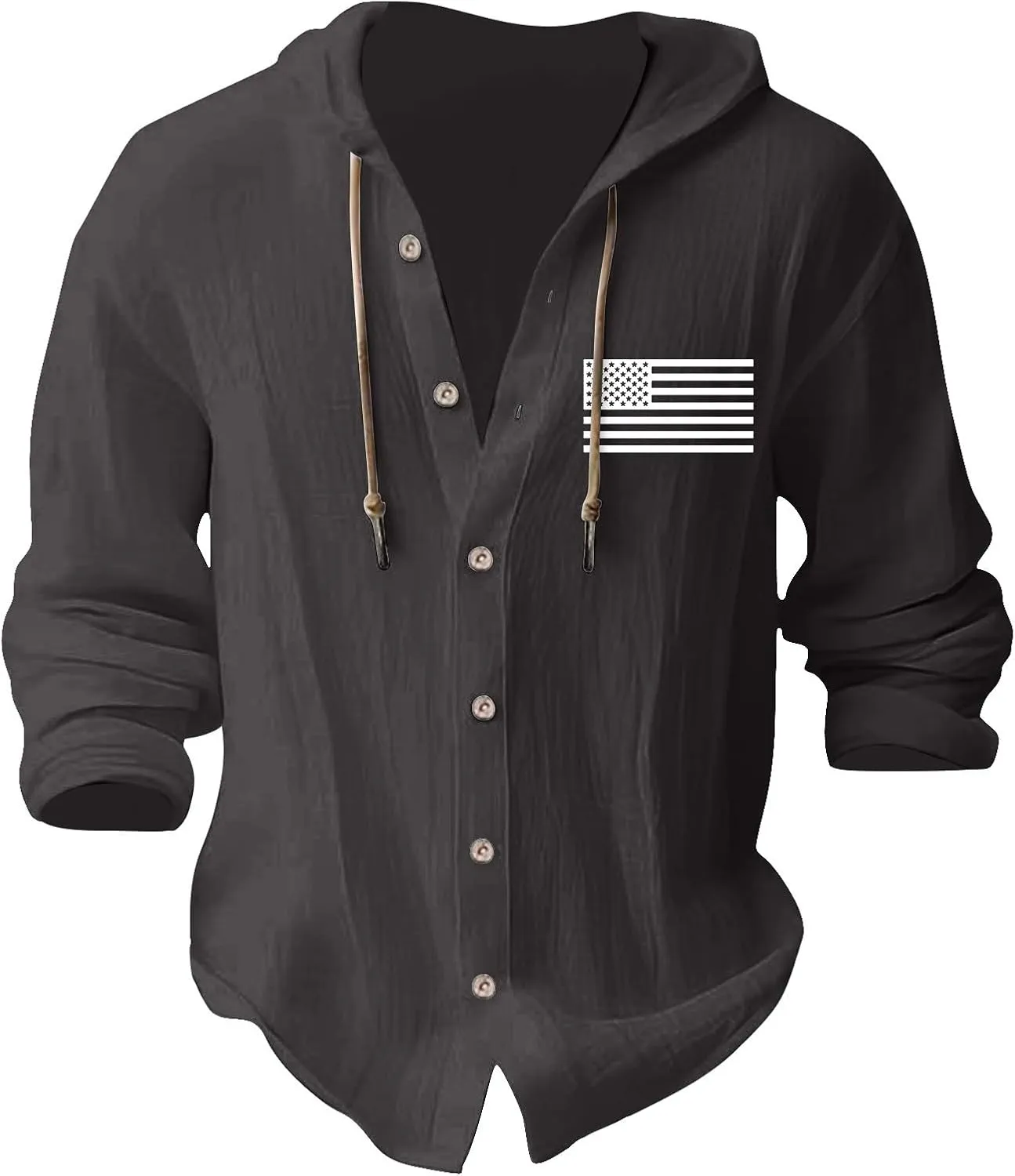 Cotton Linen Shirts for Men Stylish American Flag Print Hoodies Button Down Long Sleeve Lace Up Sweatshirts with Hood