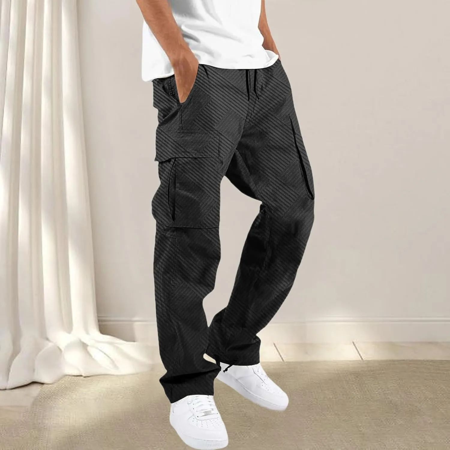 CRNTCEM Men's Casual Cargo Sweatpants Drawstring Quick Dry Outdoor Hiking Fishing Camping Casual Trousers with Multi Pocket