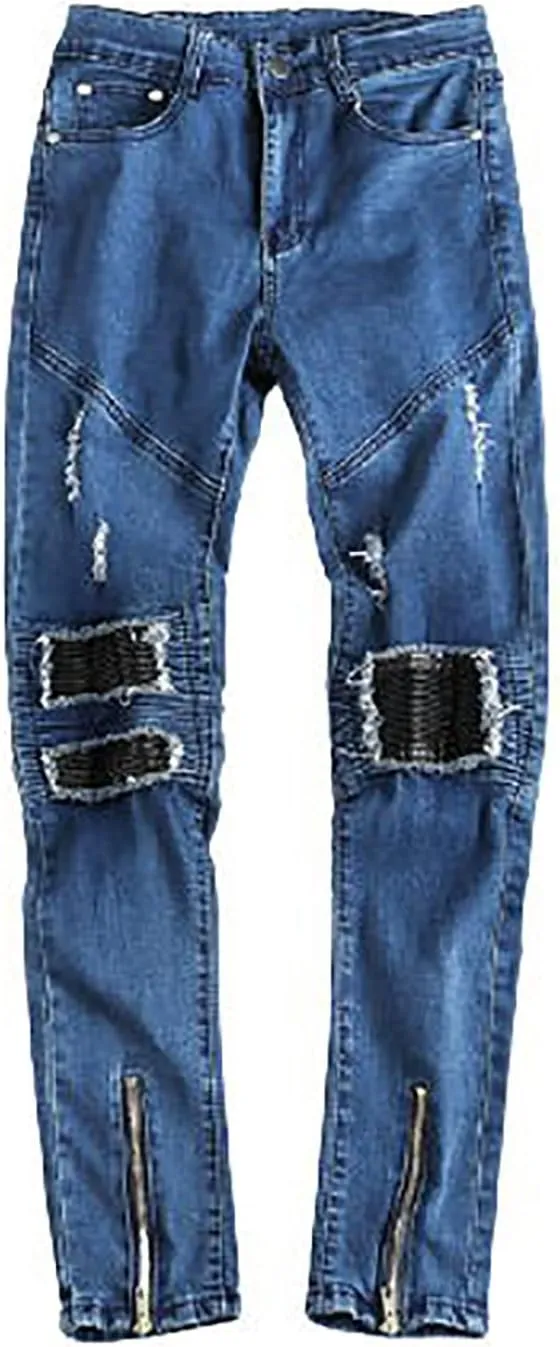 Distressed Patchwork Skinny Jeans for Men Stretch Fit Denim Bottoms Ripped Trousers Slim Urban Style