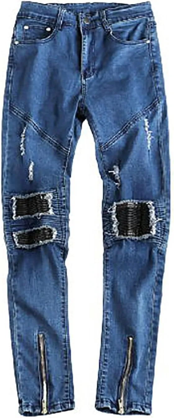 Distressed Patchwork Skinny Jeans for Men Stretch Fit Denim Bottoms Ripped Trousers Slim Urban Style