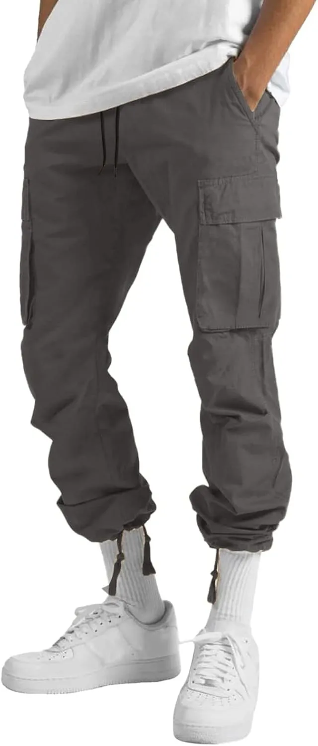 Elastic Waist Cargo Pants for Men Relaxed Fit Tactical Hiking Pants Casual Work Trousers Drawstring Travel Pants